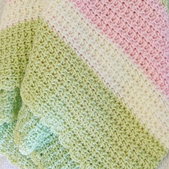 Pink Dawn PINK/SAGE/CREAM Crochet Baby Afghan Blanket, Soft Silky Yarn - Picture 6 of 12